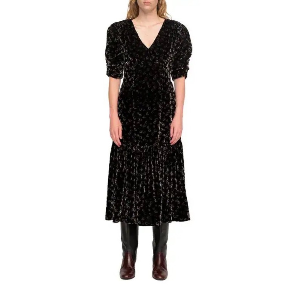 Sea New York Valerie Floral Velvet Puff Sleeve Midi Dress Black Size 6